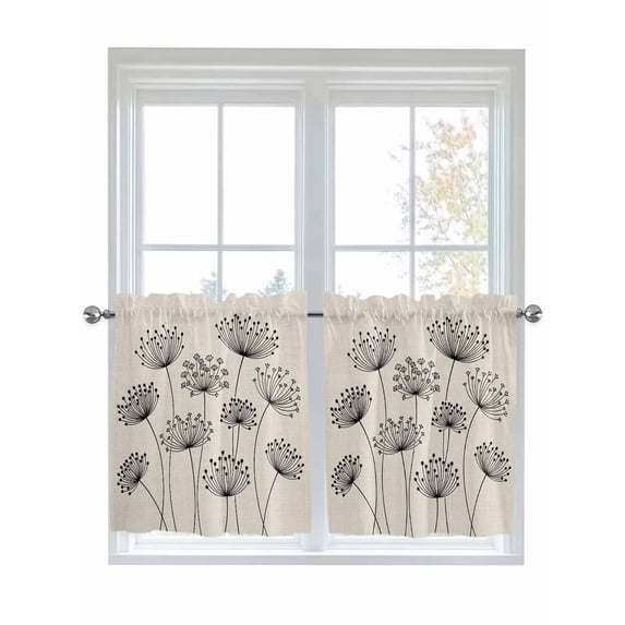 Farmhouse Dandelion 2 Panel Kitchen Curtains for Small Windows, Spring Modern Country Flower Black Beige Bathroom Tier Curtain, Short Window Treatment for Bedroom/Living Room 55"x24"