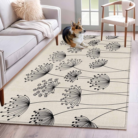 Farmhouse Dandelion Area Rugs 4'x6', Washable Small Throw Rugs for Office Bathroom, Spring Modern Country Flower Black Beige Indoor Outdoor Rug Non-Slip Low Pile Carpet Runner Reversible Floor Mats