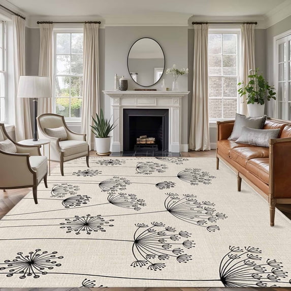 Farmhouse Dandelion Area Rugs 8'x10', Washable Small Throw Rugs for Living Room Patio, Spring Modern Minimalist Country Flower Indoor Outdoor Rug Non-Slip Low Pile Carpet Runner Reversible Floor Mats