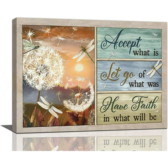 Farmhouse Dandelion Inspirational Quotes Decor Wall Art Farm Flower Dragonfly Accept What is Pictures Wall Decor Canvas Painting Prints Artwork Decorations Framed for Bedroom Bathroom Kitchen 16"x12"