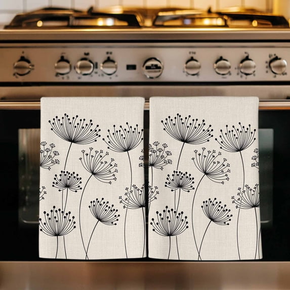 Farmhouse Dandelion Kitchen Towels Set of 3, Spring Modern Country Flower Black Beige Absorbent Dish Towels for Kitchen, Microfiber Hand Towel, Quick Drying Tea Towel for Cleaning Dishcloths