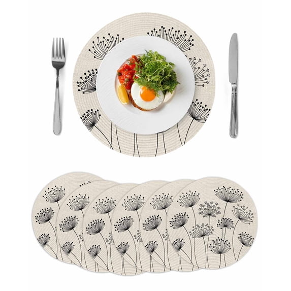 Farmhouse Dandelion Round 13 Inch Placemats Set of 6, Spring Modern Country Flower Black Beige HeatResistant Non Slip Place Mats for Dining Table, Wipeable Braided Kitchen Table Mats for Housewarming