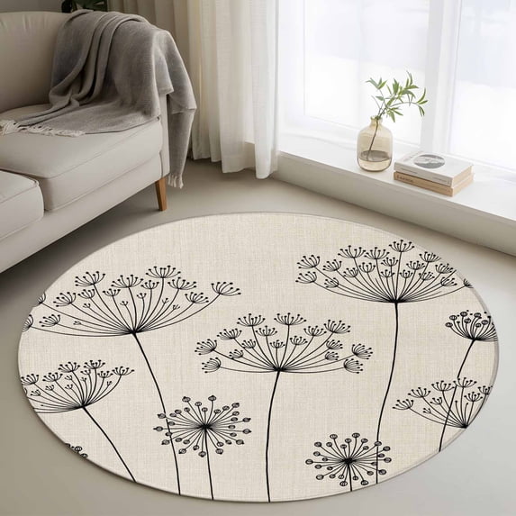 Farmhouse Dandelion Round Rug 4ft Washable Circle Entryway Rugs Non Slip Spring Modern Minimalist Country Flower Area Rug Indoor Floor Carpet for Bedroom Kitchen Living Room Home Office Dining Room