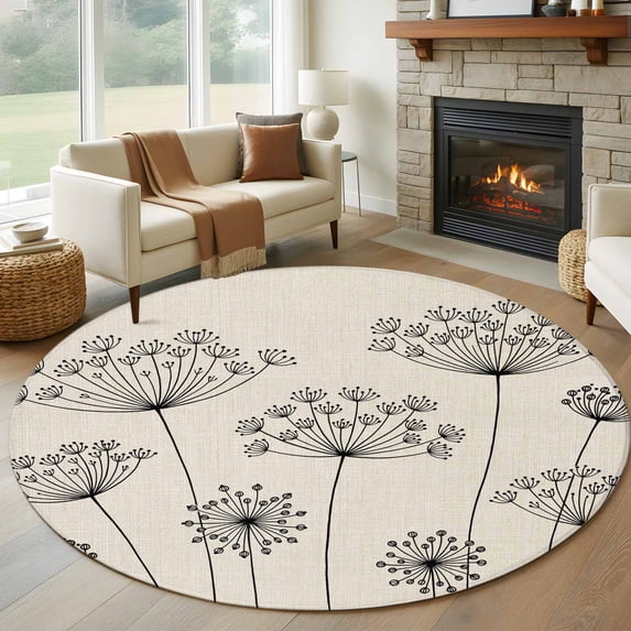 Farmhouse Dandelion Round Rug 6ft Washable Circle Kitchen Rugs Non Slip Spring Modern Minimalist Country Flower Large Area Rug Indoor Floor Carpet for Bedroom Living Room Home Office Dining Room