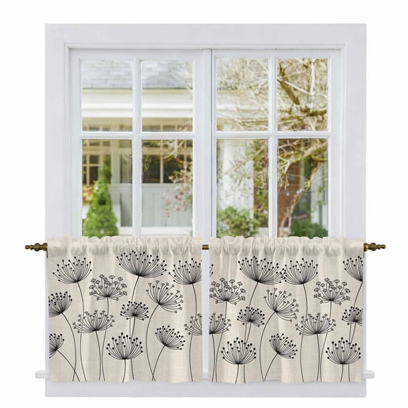 Farmhouse Dandelion Tier Curtains 36 Inch Length, Spring Modern Country Flower Black Beige Cafe Short Curtains for Bathroom Sink, Small Kitchen Curtain Light Filtering Drapes 2 Panels 27.5"Wx36"L