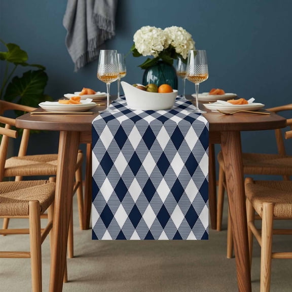 Farmhouse Dark Blue Checker Table Runner-36 Inch Long Pastoral Diamond Buffalo Plaid Table Runners Linen Burlap Tablerunner for Kitchen Dining Room Holiday Party