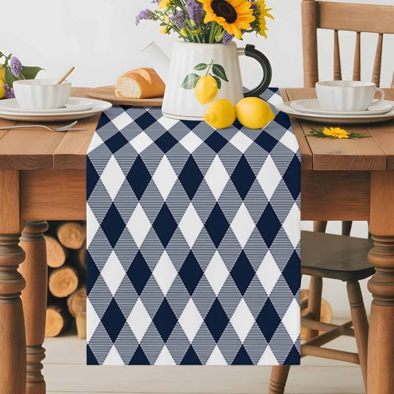 Farmhouse Dark Blue Checker Table Runner 36 Inches Long, Pastoral Diamond Buffalo Plaid Table Runners Tabletop Scarf Kitchen Dining Tables Decoration for Home Party Indoor Outdoor