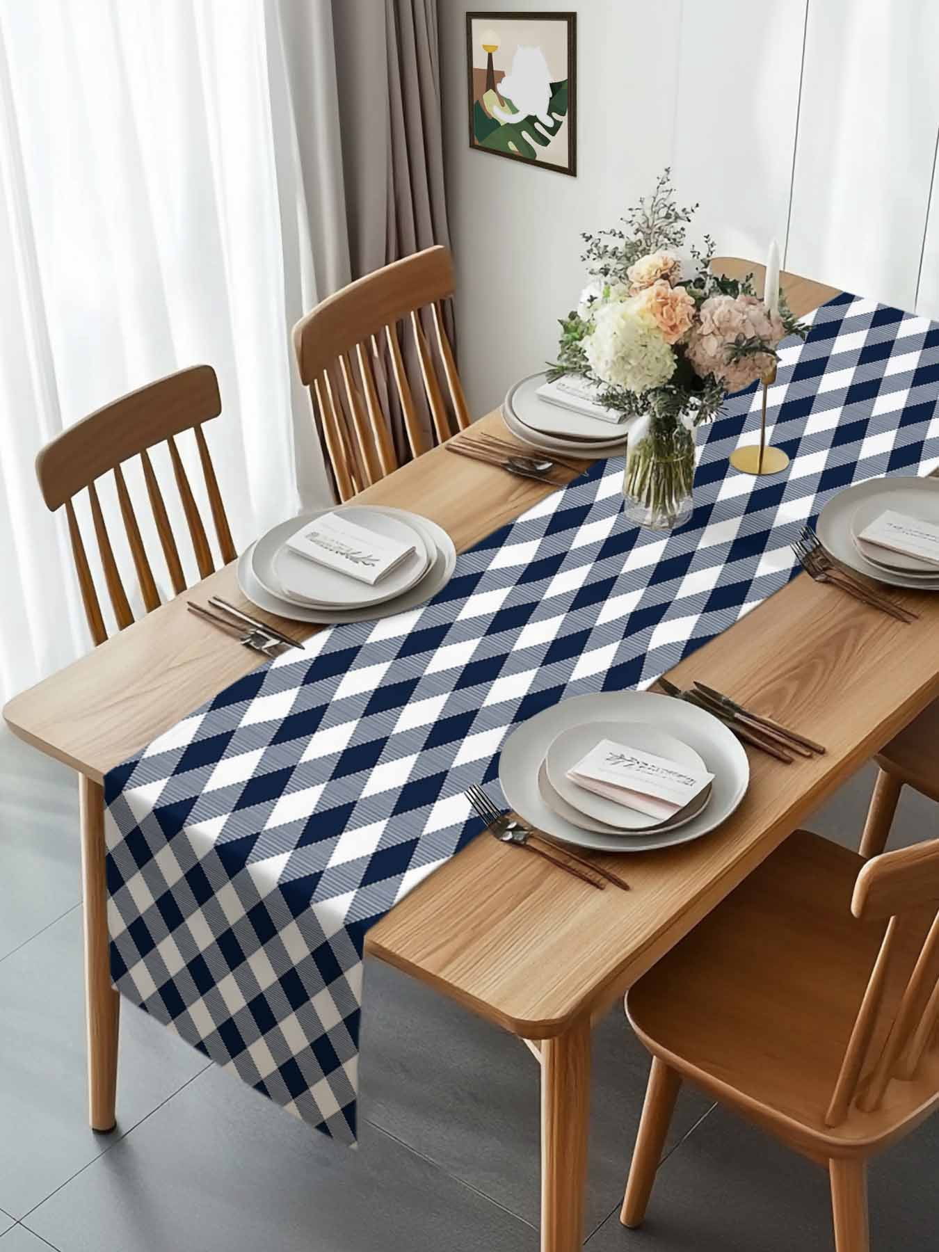 Farmhouse Dark Blue Checker Table Runner 90 Inches Long, Pastoral Diamond Buffalo Plaid Table Runners Tabletop Scarf Kitchen Dining Tables Decoration for Home Party Indoor Outdoor