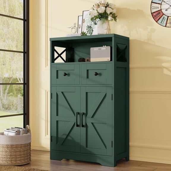 Farmhouse Dark Green Storage Cabinet with Barn Doors and 2 Drawers, Small Freestanding Kitchen Pantry Cabinet, Floor Storage Cabinets Hutch Cupboard for Kitchen/Laundry/Living Room/Bedroom