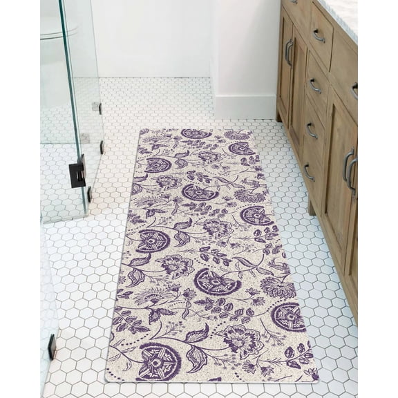Farmhouse Dark Purple Floral Non-Slip Bathtub Mat, Linen Boho Paisley Flower Rustic PVC Bath Mat for Tub Quick Drying Shower Mats for Inside Shower, Foot Scrubber Loofah Bathroom Mats 36x16 Inches