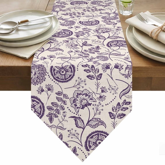 Farmhouse Dark Purple Floral Table Runner 36 Inches Long Linen Boho Paisley Flower Rustic Table Runners for Dining Room Tabletop Dresser Scarf Home Party Banquet Wedding Holiday Decoration