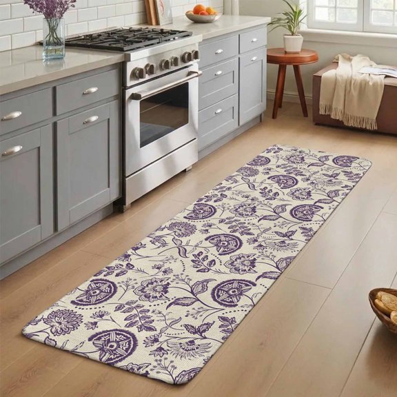 Farmhouse Dark Purple Floral Washable Runner Rug 3X5 ft Linen Boho Paisley Flower Rustic Non-Slip Hallway Runner Rug, Linen Kitchen Runner Mats, Indoor Floor Carpet for Entryway Bathroom Bedroom