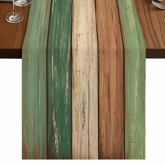 Farmhouse Dark Sage Green Brown 70 Inch Table Runner, Vintage Wooden Striped Farmhouse Dresser Scarf Cotton & Linen Tablerunner for Dining/Kitchen Island/Holiday Party Décor 13" x 70"