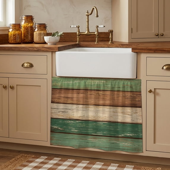 Farmhouse Dark Sage Green Brown Cabinet Curtains 28"W x 35"L, Vintage Wooden Striped Under Sink Skirt for Bathroom Vanity Kitchen Self Adhesive, Dust-Proof Privacy Curtain for Closet Shelves
