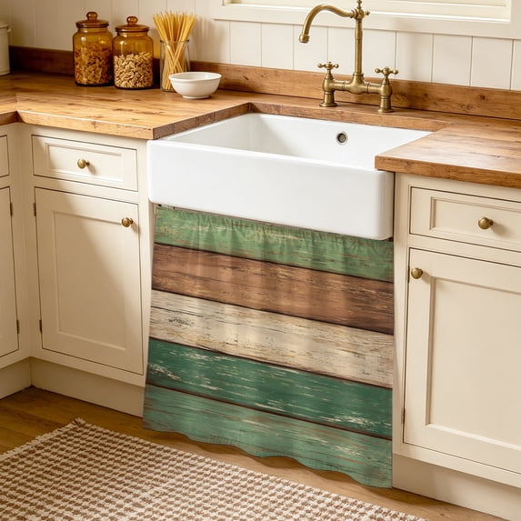 Farmhouse Dark Sage Green Brown Cabinet Curtains 35"W x 35"L, Vintage Wooden Striped Sink Skirt for Bathroom Vanity Kitchen Self Adhesive, Dust-Proof Privacy Curtain for Shelves Closet Laundry Pantry