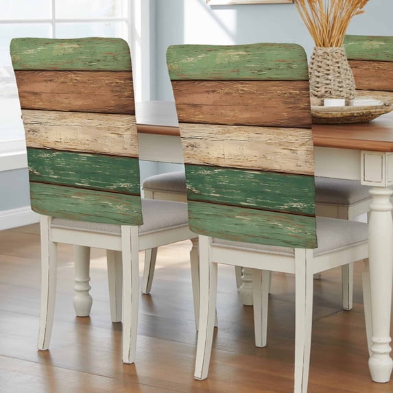 Farmhouse Dark Sage Green Brown Chair Back Covers, Vintage Wooden Striped Removable Chair Covers for Dining Chairs Set of 6, Washable Chairs Slipcovers Back Seat Protector for Wedding Party 19"x20"