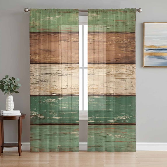 Farmhouse Dark Sage Green Brown Sheer Curtains 72 Inch Length 2 Panels for Living Room, Vintage Wooden Striped Voile Kitchen Curtain Set, Luxury Privacy Drapes Window Treatment for Bedroom