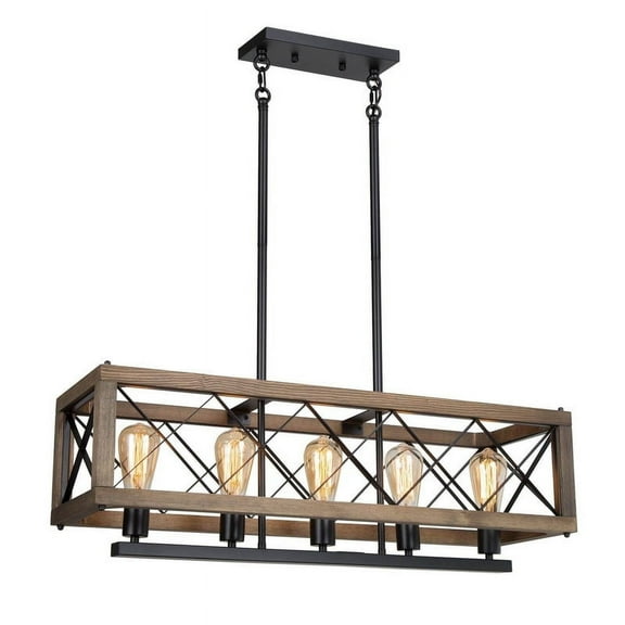 LNC 32-in Rustic Wood & Black Metal 5-Light Linear Chandelier for Kitchen Island & Dining