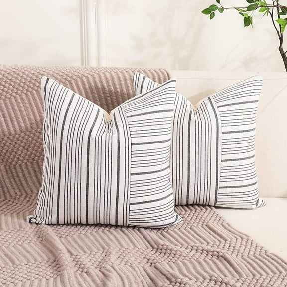 Farmhouse Decor Black Neutral Pillow Covers 20x20 Set of 2 Black Striped Patchwork Boho Pillows for Home Couch and Sofa