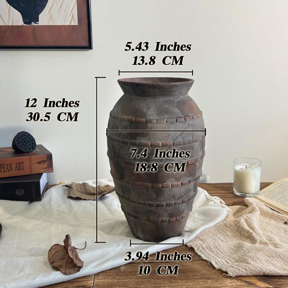 Farmhouse Decor Brown Ceramic Vase 12 Inch Rustic Pottery Flower Vase for Living Room Table Centerpieces Handmade Home Decor