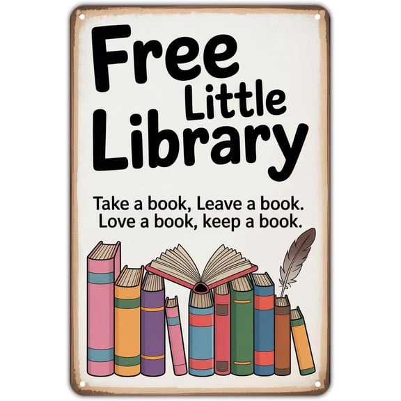 Farmhouse Decor Co. Free Little Library Metal Wall Sign, Rustic Vintage Style, Colorful Book Design, 8 x 12 Inches, Indoor Outdoor Decor for Garden Home Library
