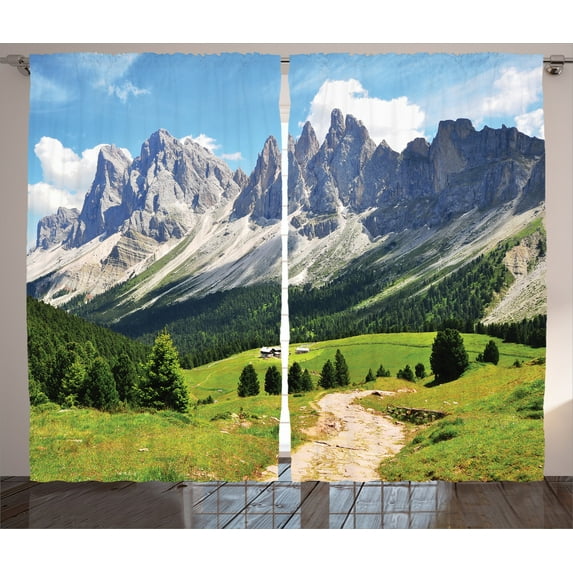 Ambesonne Nature Curtains 2 Panel Set, Pathway to Forest Alps, 108" x 84", Green White Blue