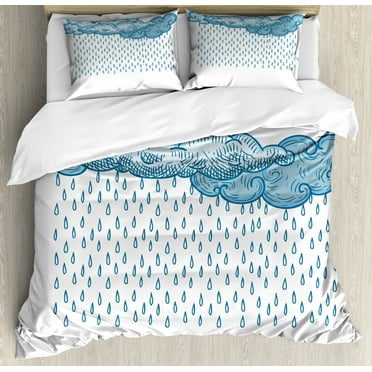 Farmhouse Decor King Size Duvet Cover Set, Funk Style Cute Cloud Forms Made with Spiral Lines Twister Cyclone Drawing Print, Decorative 3 Piece Bedding Set with 2 Pillow Shams, Blue, by Ambesonne