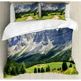 thumbnail image 1 of Farmhouse Decor King Size Duvet Cover Set, Winding Path into Pine Tree Forest Meadows and Mountain Scenery Print, Decorative 3 Piece Bedding Set with 2 Pillow Shams, Green White Blue, by Ambesonne, 1 of 3