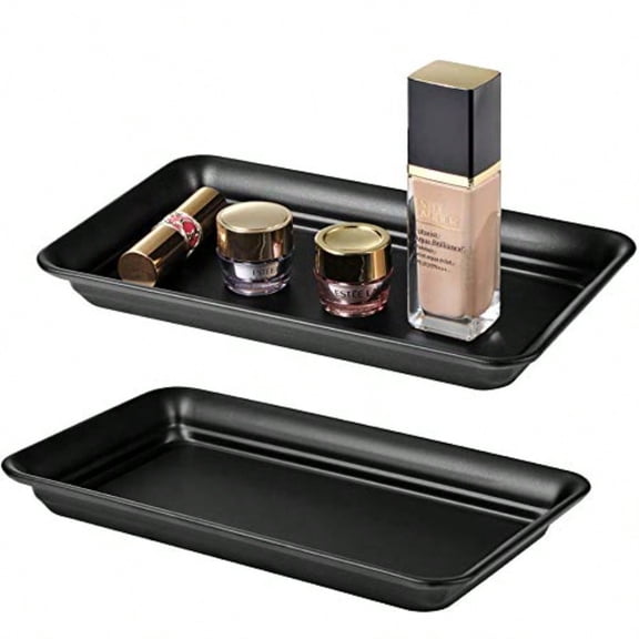 Farmhouse Decor Metal Vanity Tray 2 Pack Countertop Guest Hand Towel Storage Organizer Tray Dispenser Sturdy Holder for Perfume Cosmetics Jewelry Makeup Bathroom Organizer (Black)