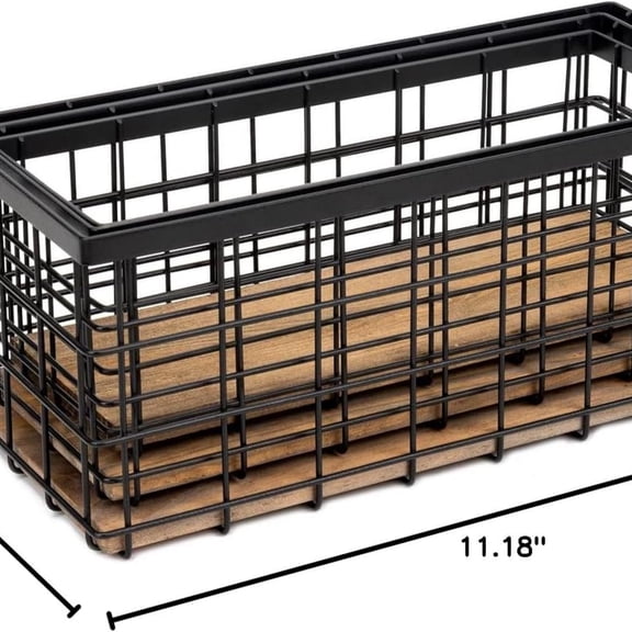 Farmhouse Decor Metal Wire Storage Baskets, Wood Base Containers Organizing Basket Caddy Bin for Kitchen Cabinets, Bathroom, Pantry, Garage, Laundry Room, Closets - Small - Black (Set of 3)