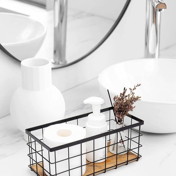 Farmhouse Decor Metal Wire Storage Baskets, Wood Base Containers Organizing Basket Caddy Bin for Kitchen Cabinets, Bathroom, Pantry, Garage, Laundry Room, Closets - Small - Black (Set of 3)