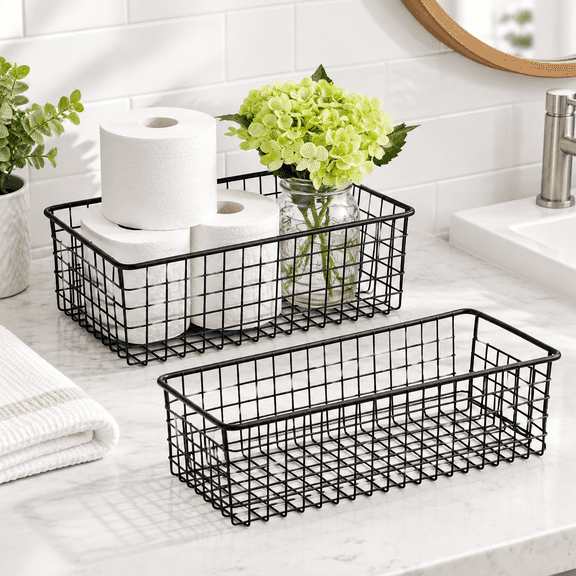 Farmhouse Decor Metal Wire Stororganizer Bin Basket(2 Pack) - Rustic Toilet Paper Holder For Bathroom Kitchen Cabinets Pantry Lau