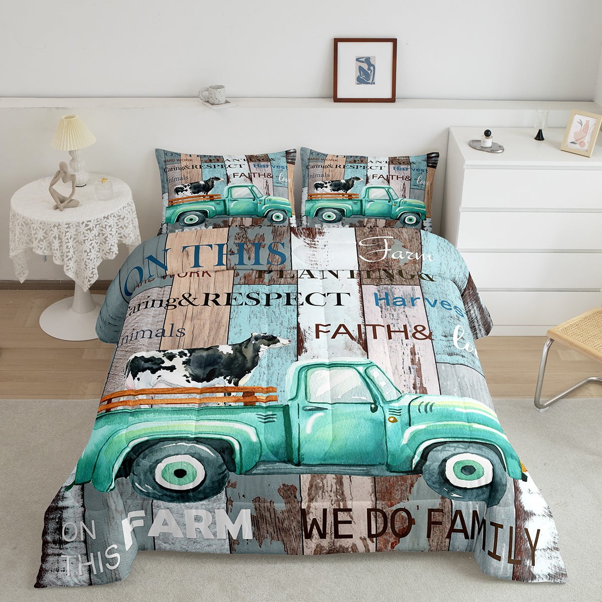 Farmhouse Decor Milk Cow Bedding Set Full,Farm Animals Quilt Green