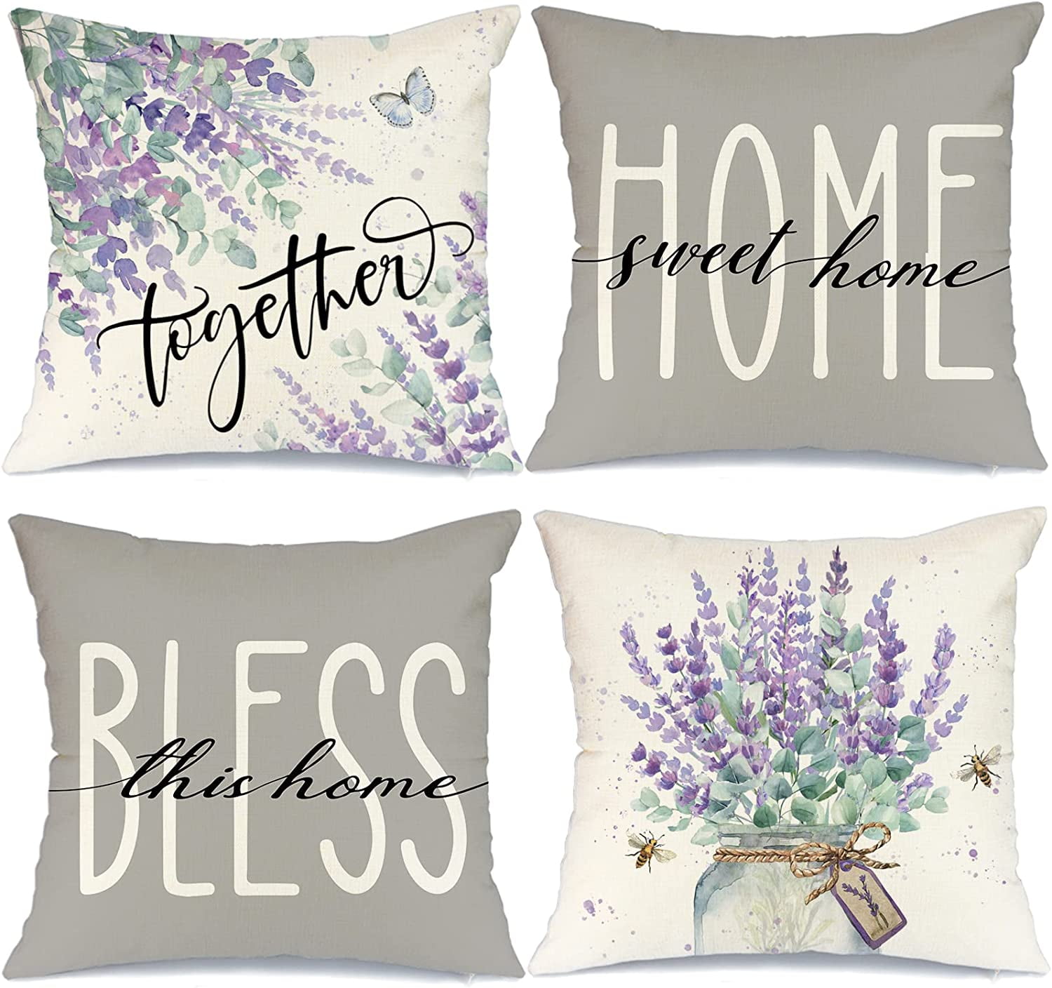 Farmhouse Decor Pillow Covers 18x18 Set of 4 Eucalyptus Leaves Jar Home