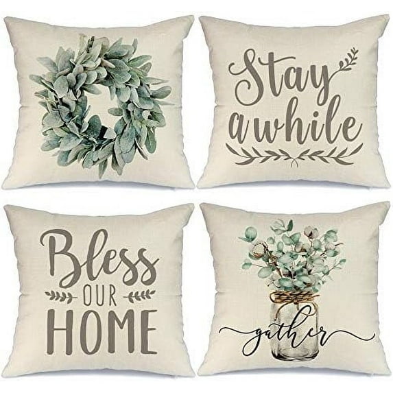 Farmhouse Decor Pillow Covers 20x20 Inch Set of 4 Lamb''s Ear Grapevine Wreath Eucalyptus Vase Decorative Throw Pillow Covers Bless our Home Pillowcase Farm Decorations Pillow Case for Couch Sofa