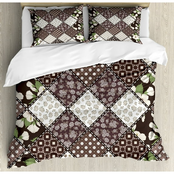 Farmhouse Decor Queen Size Duvet Cover Set, Patchwork with Polka Dots Hibiscus Flowers and Authentic Rounds Decor, Decorative 3 Piece Bedding Set with 2 Pillow Shams, Brown Beige, by Ambesonne
