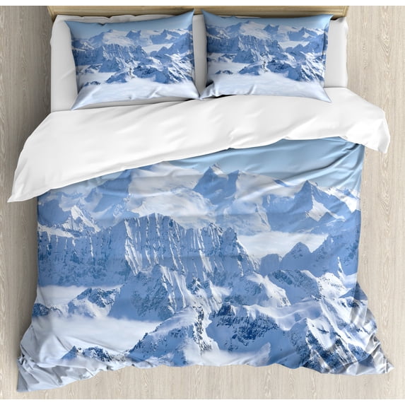 Farmhouse Decor Queen Size Duvet Cover Set, Snowy Summit of Alps over Clouds Scene at Winter Wilderness in Nature, Decorative 3 Piece Bedding Set with 2 Pillow Shams, White Blue, by Ambesonne