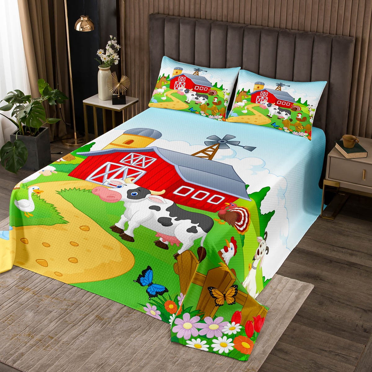 Farmhouse Decor Quilt Set Garden Windmill Decor Rustic Bedspread Set