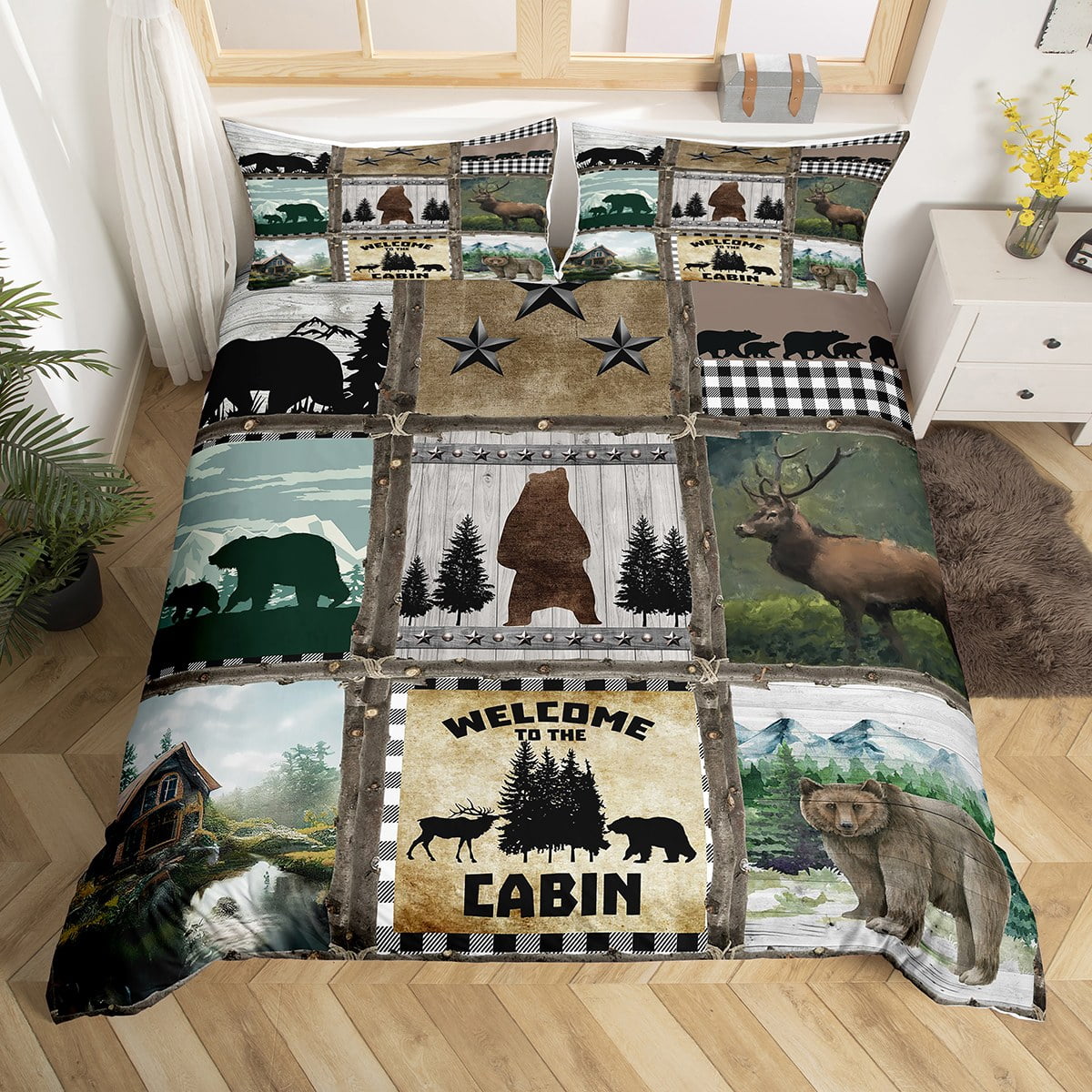 Farmhouse Decor,Rustic Bear Deer Comforter Cover Queen,Black And White