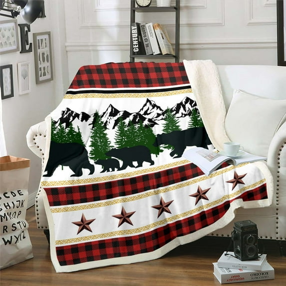 Farmhouse Decor,Rustic Bear Fleece Blanket 50"x60",Red and Black Checkered Buffalo Plaid Blanket Teens Adult,Woodland Wildlife Throw Blanket Western Texas Star Patchwork Blanket