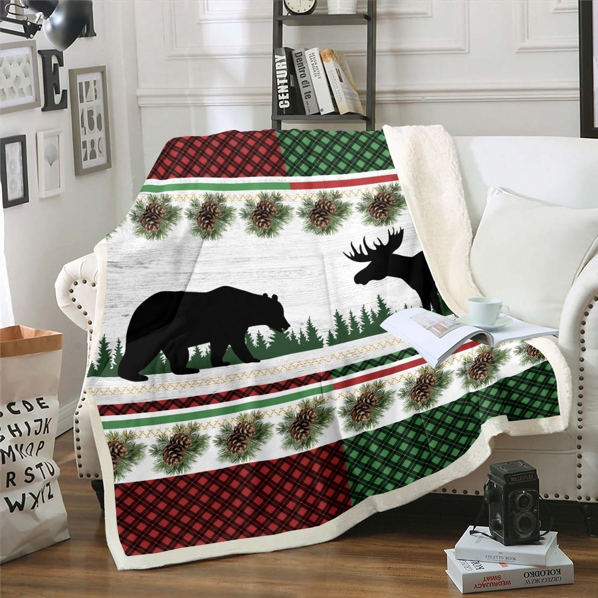 Farmhouse Decor,Rustic Bear Moose Fleece Blanket 30"x40",Red Green