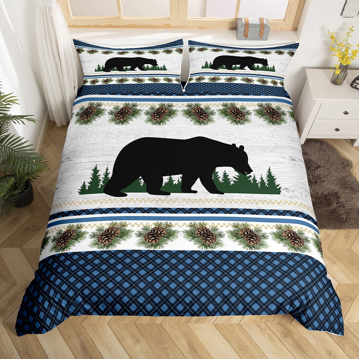 Farmhouse Decor,Rustic Black Bear Comforter Cover King,Blue Checkered