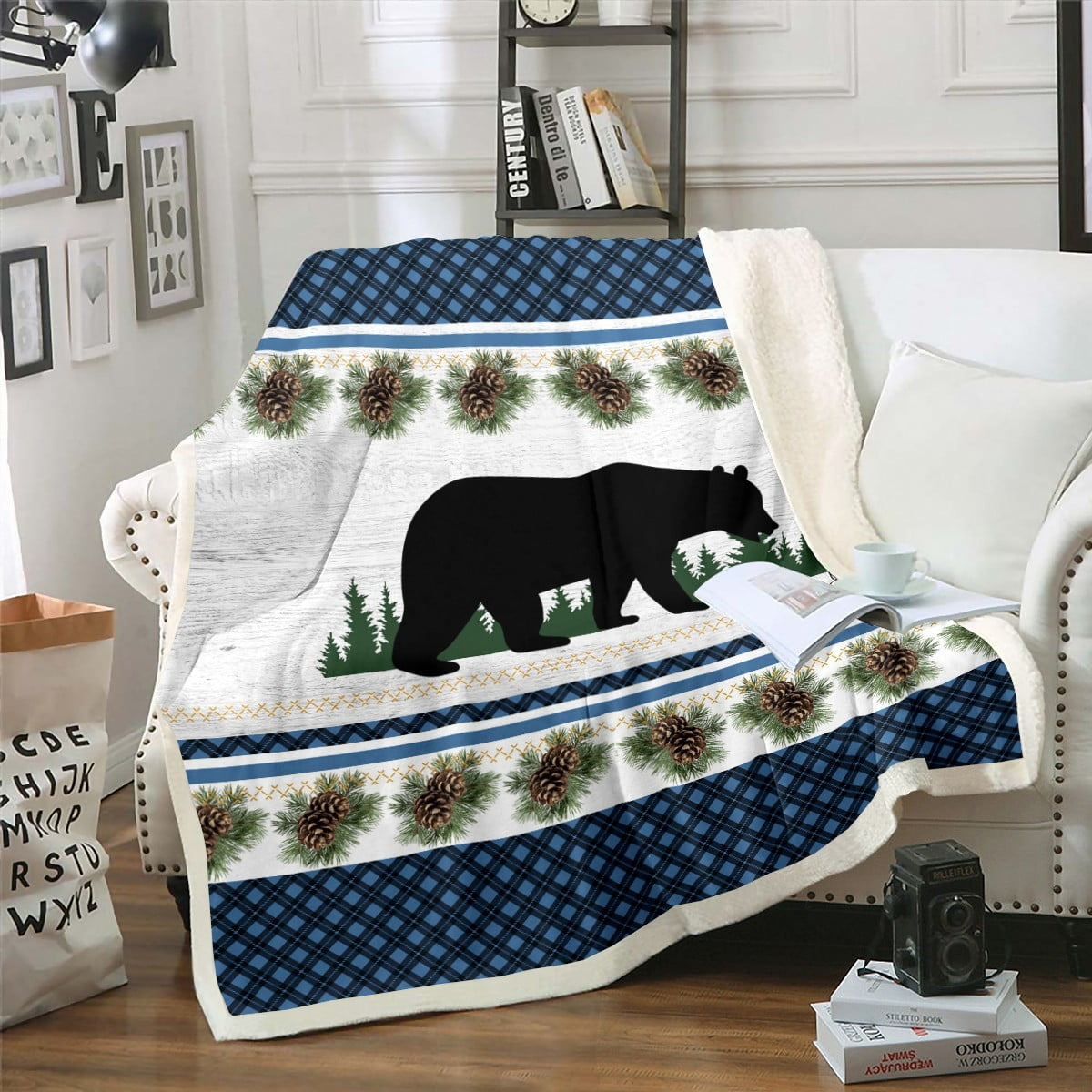 Farmhouse Decor,Rustic Black Bear Fleece Blanket 30"x40",Blue Checkered