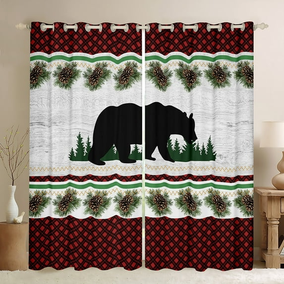 Farmhouse Decor,Rustic Black Bear Window Curtains 2 Panels 42"Wx84"L,Red Checkered Buffalo Plaid Blackout Curtains,Woodland Lodge Cabin Pine Trees Pinecone Curtains & Drapes