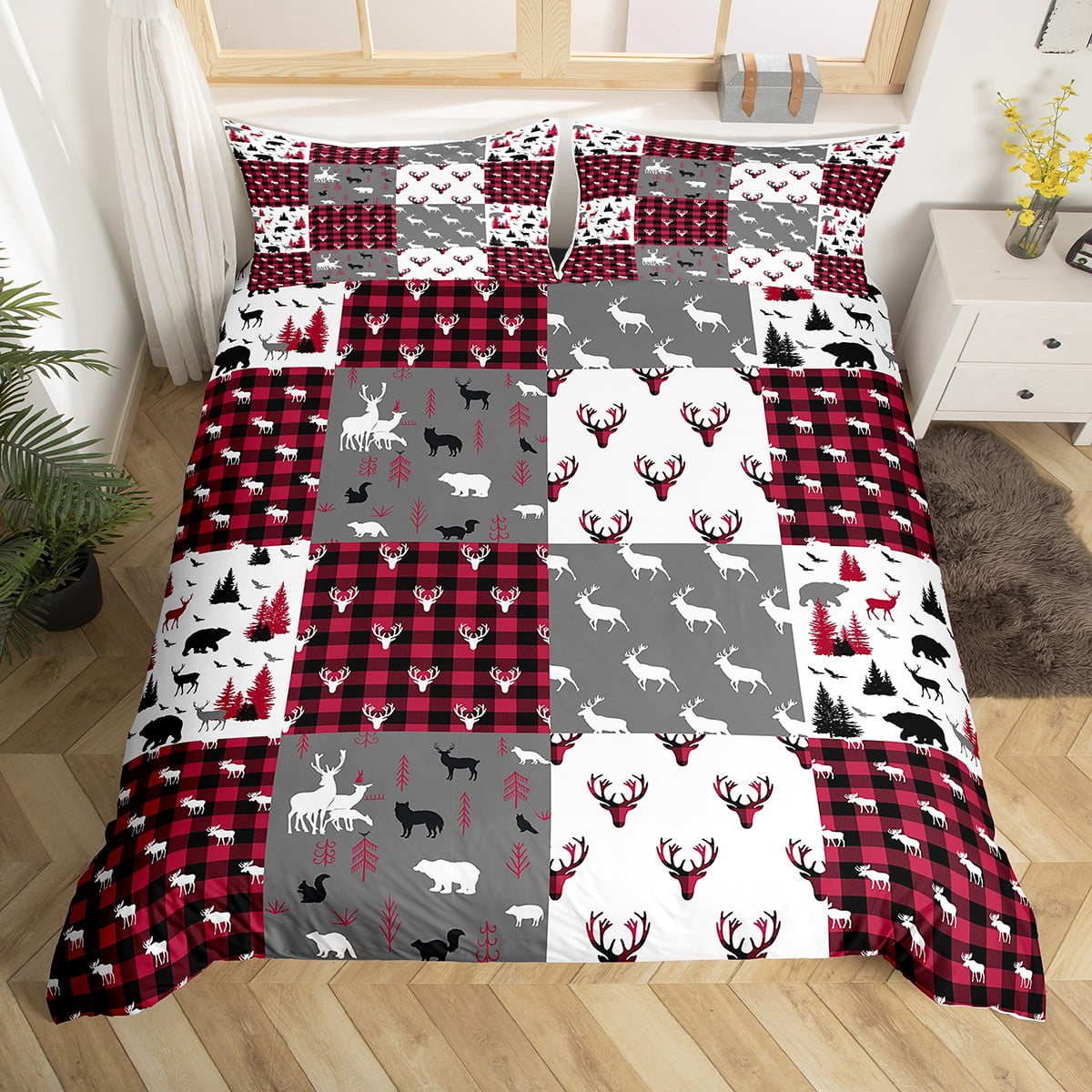 Queen Size Christmas Deer Antler Comforter Set - Rustic Farmhouse Bedding, 3pc Set With Comforter & 2 Pillowcases