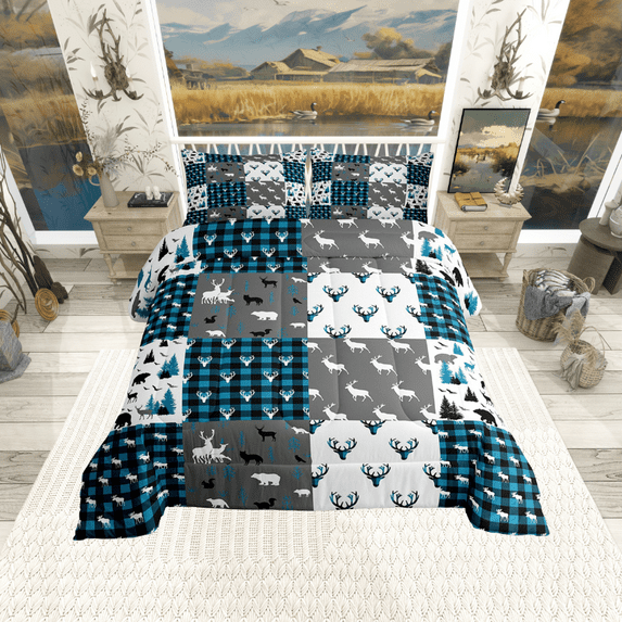 Farmhouse Decor,Rustic Deer Antler Quilt Full,Black Bear Comforter Set for Teens Adult,Woodland Wildlife Moose Bedding Set Checkered Buffalo Plaid Decor Patchwork Duvet Insert,Blue Grey