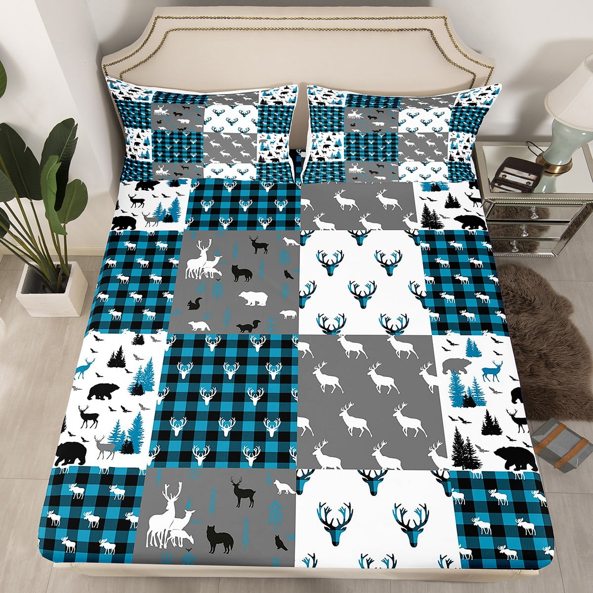 Farmhouse Decor,Rustic Deer Antler Sheets Queen,Black Bear Fitted Sheet