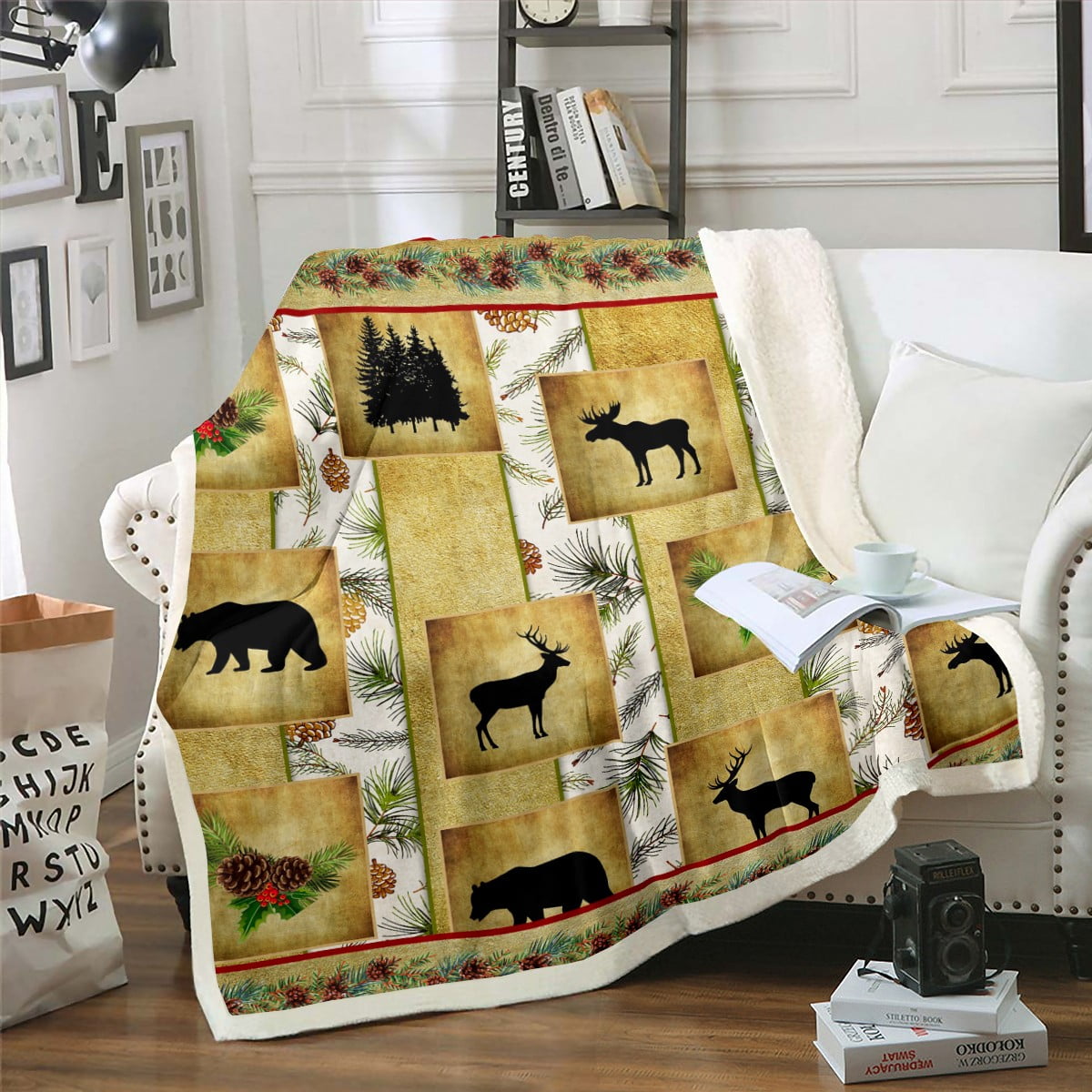 Farmhouse Decor,Rustic Deer Fleece Blanket Black Bear Patchwork Blanket