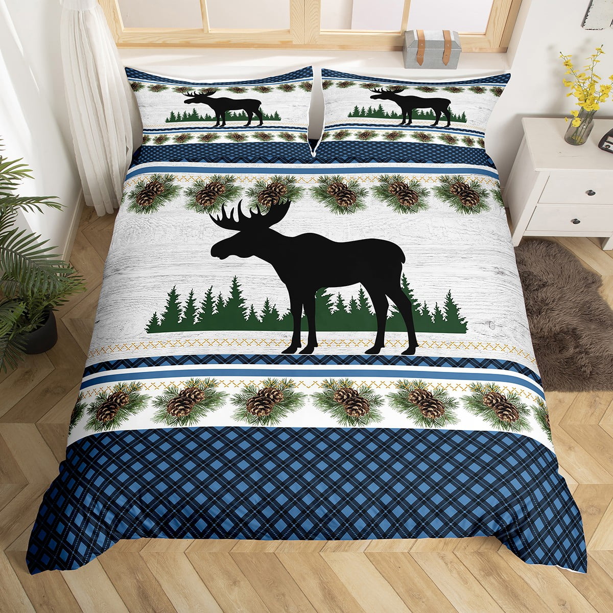 Farmhouse Decor,Rustic Moose Deer Comforter Cover King,Blue Checkered