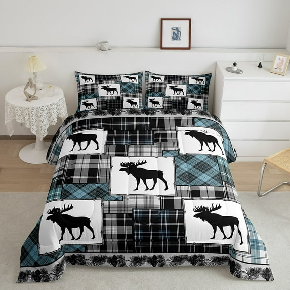 Farmhouse Decor,Rustic Moose Quilt Full Size,Deer Hunter Comforter Set Teens Adult,Woodland Wildlife Bedding Set Patchwork Duvet Insert Teal Blue Checkered Buffalo Plaid Decor